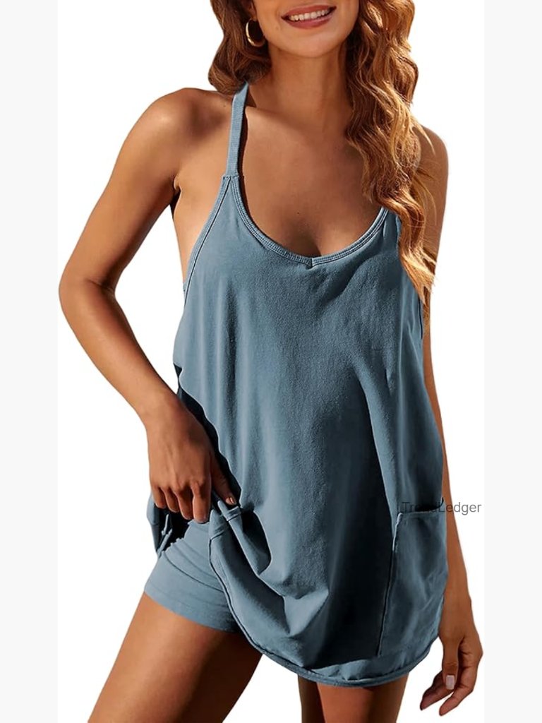 Mini Athletic Dress With Built-In Shorts, V-Neck, Spaghetti Straps, Pockets